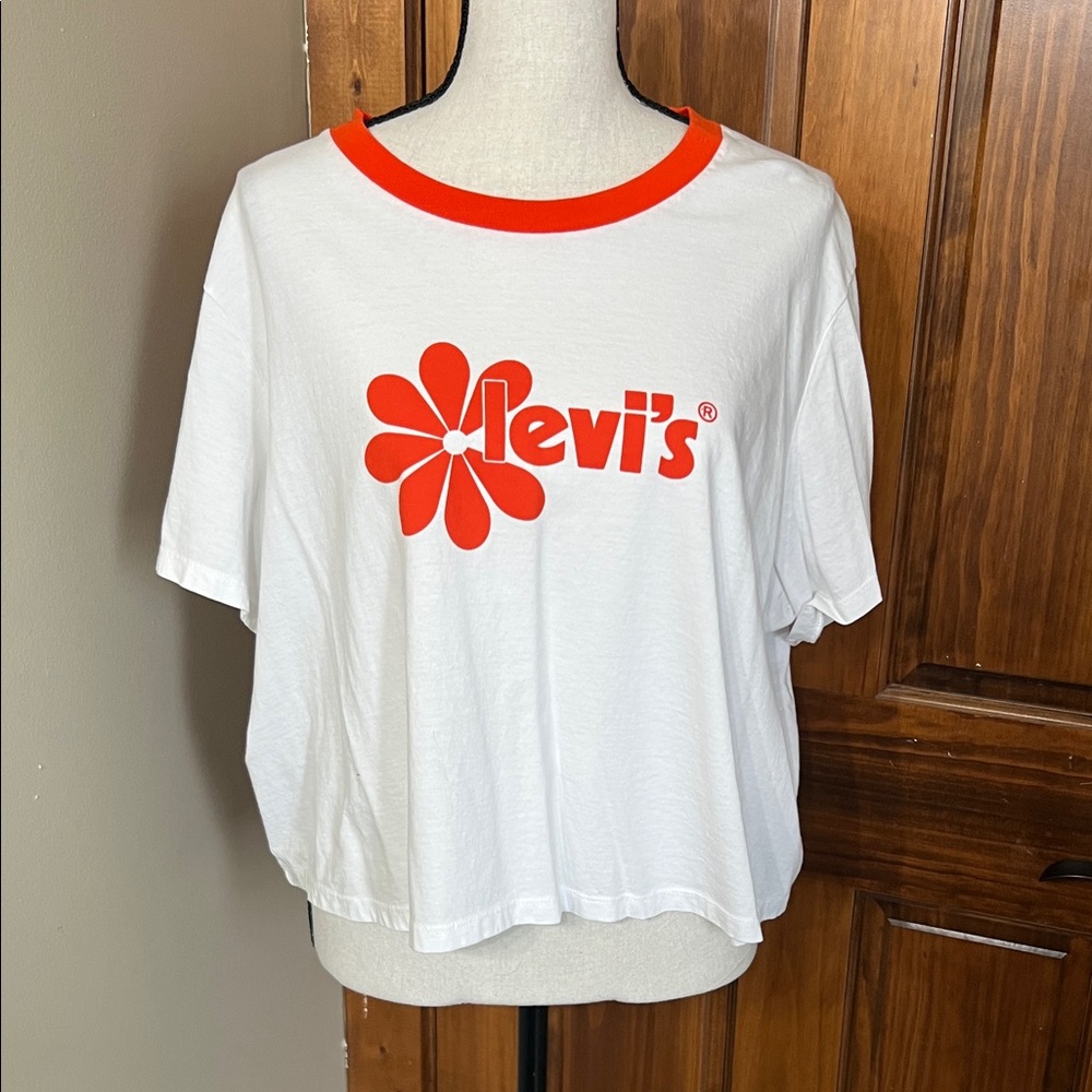 Levi's Women's  crop Tee with Orange Logo on White
